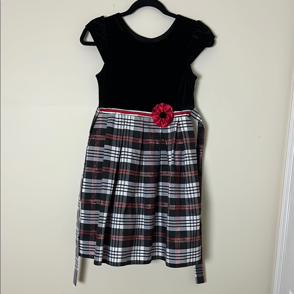 Plaid Kids Dress with Velvet Top and Red Flower Accent size 12 like new